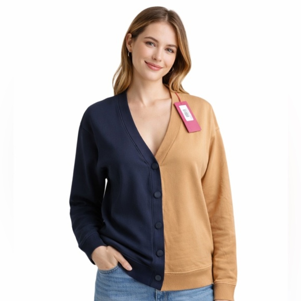 Terez Chill Cardigan XS Two Tone Oat Milk Navy Button Front NWT